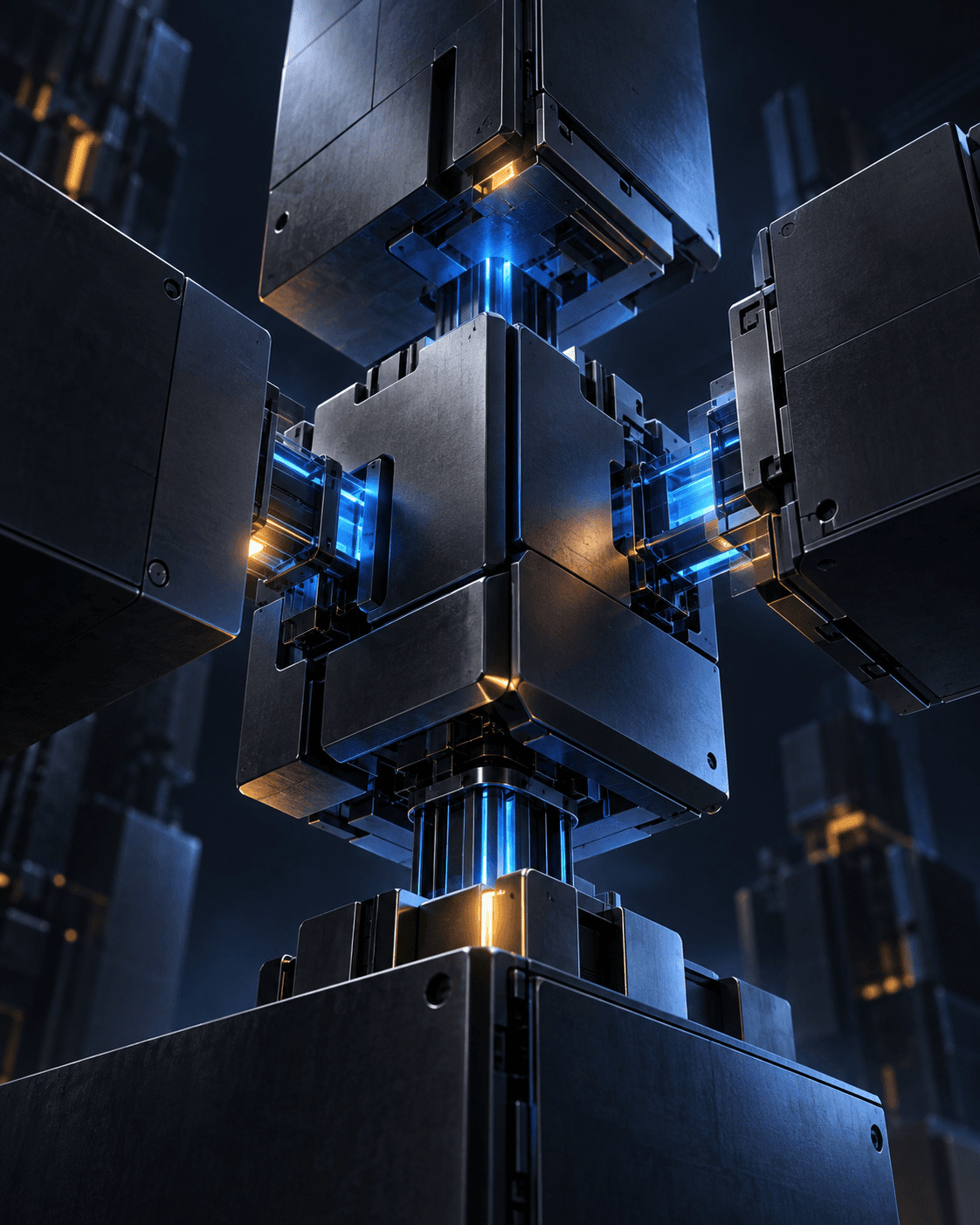Interlocking dark modular engineering components lit by cobalt blue connections