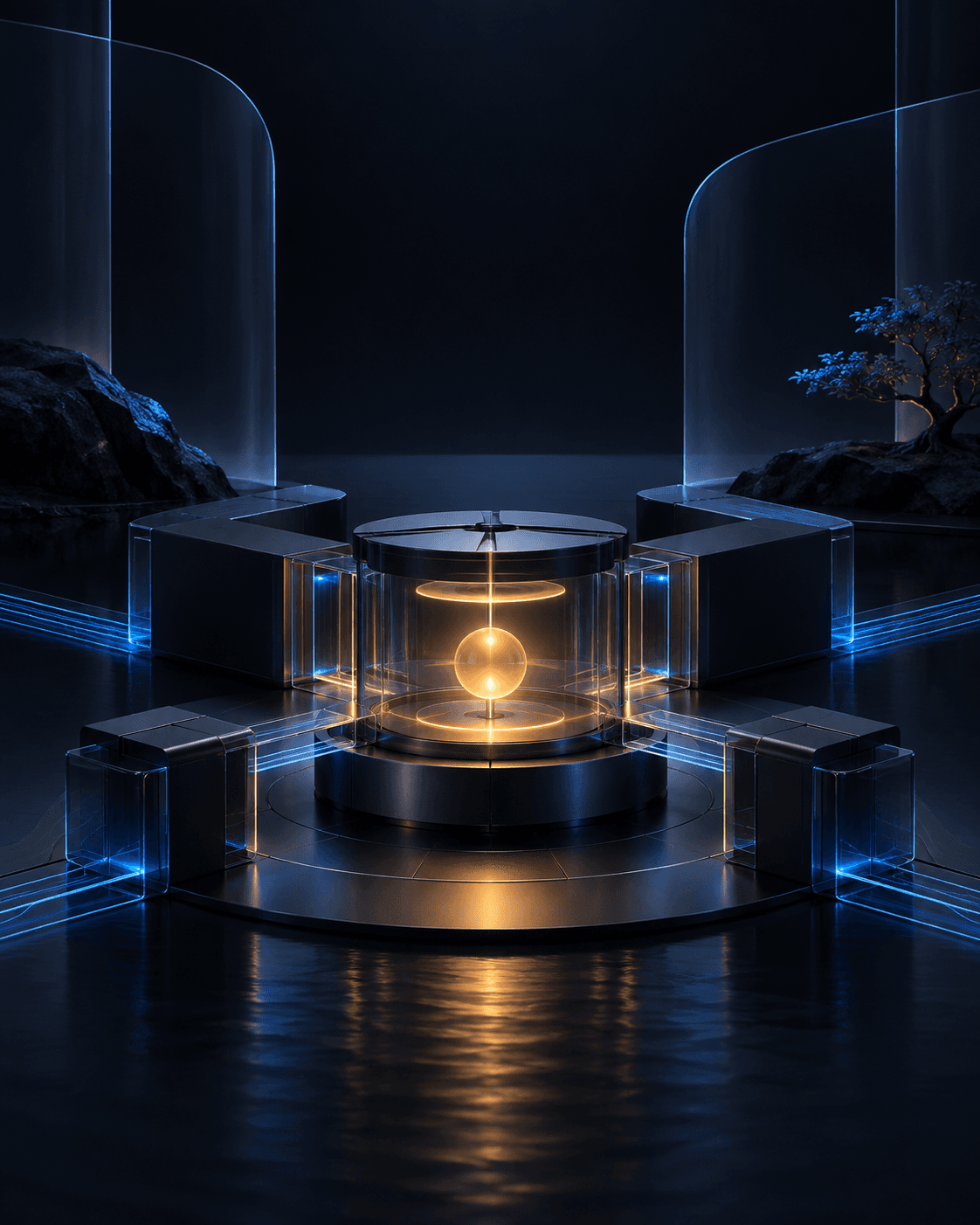 A calm modular system in operation with a glowing amber center