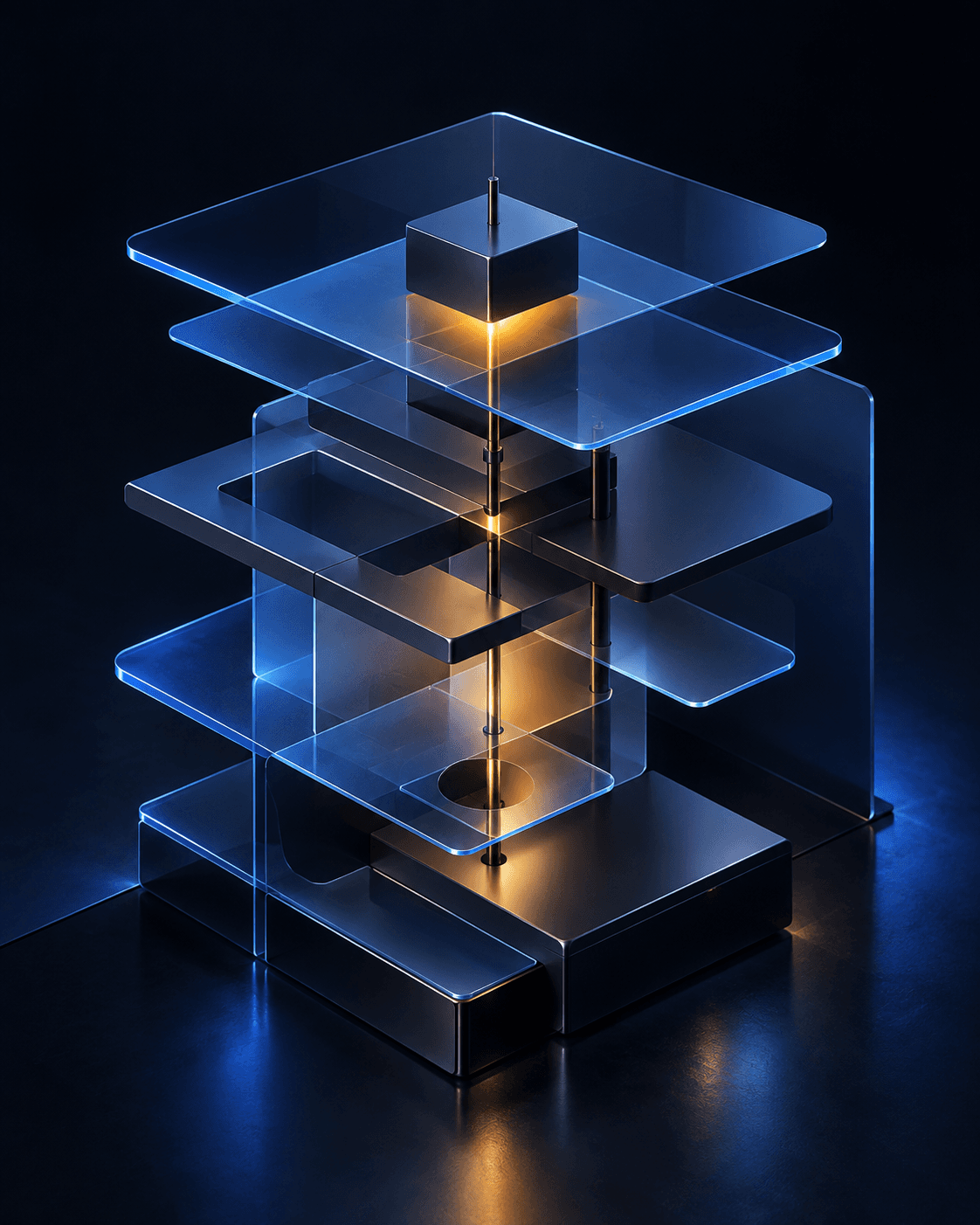 Layered translucent architectural planes aligning into a modular system